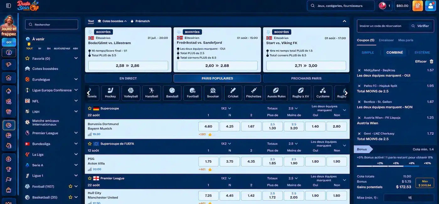 Interface du bookmaker Dudespin Sport avec les cotes de football, un coupon de paris multiples, les gains potentiels et un solde de 80,00 $.