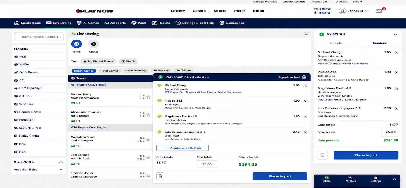 Coupon de pari en direct avec options de mise sur PlayNow