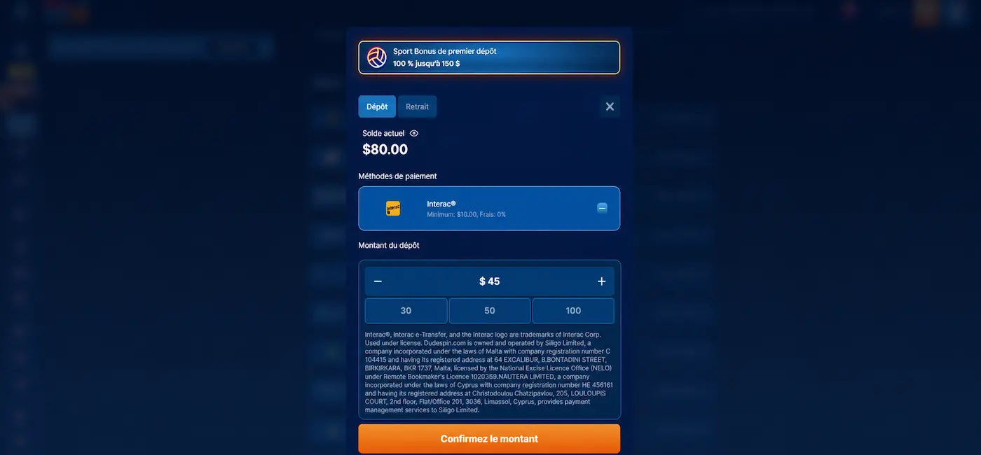 Interface de dépôt de Dudespin avec un solde de 80,00 $, Interac e-Transfer comme méthode de paiement et un dépôt de 45 $ prêt à être confirmé.
