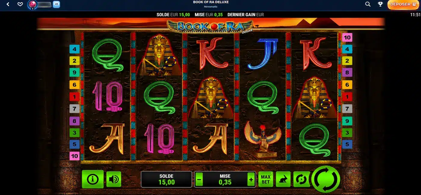 Capture d'écran de la machine à sous Book of Ra Deluxe de Novomatic sur Dudespin avec un solde de 15,00 €, une mise de 0,35 € et les rouleaux de jeu affichés.