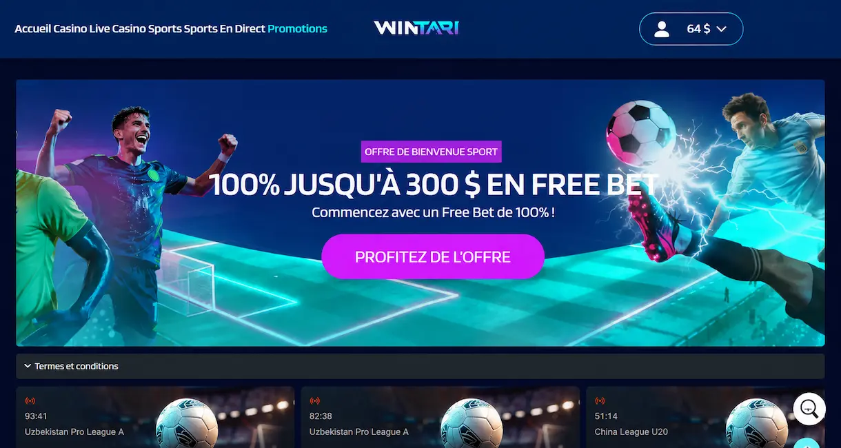 Wintari avec le bonus de bienvenue sport de 100 % jusqu'à 300 $ et les matchs en direct.