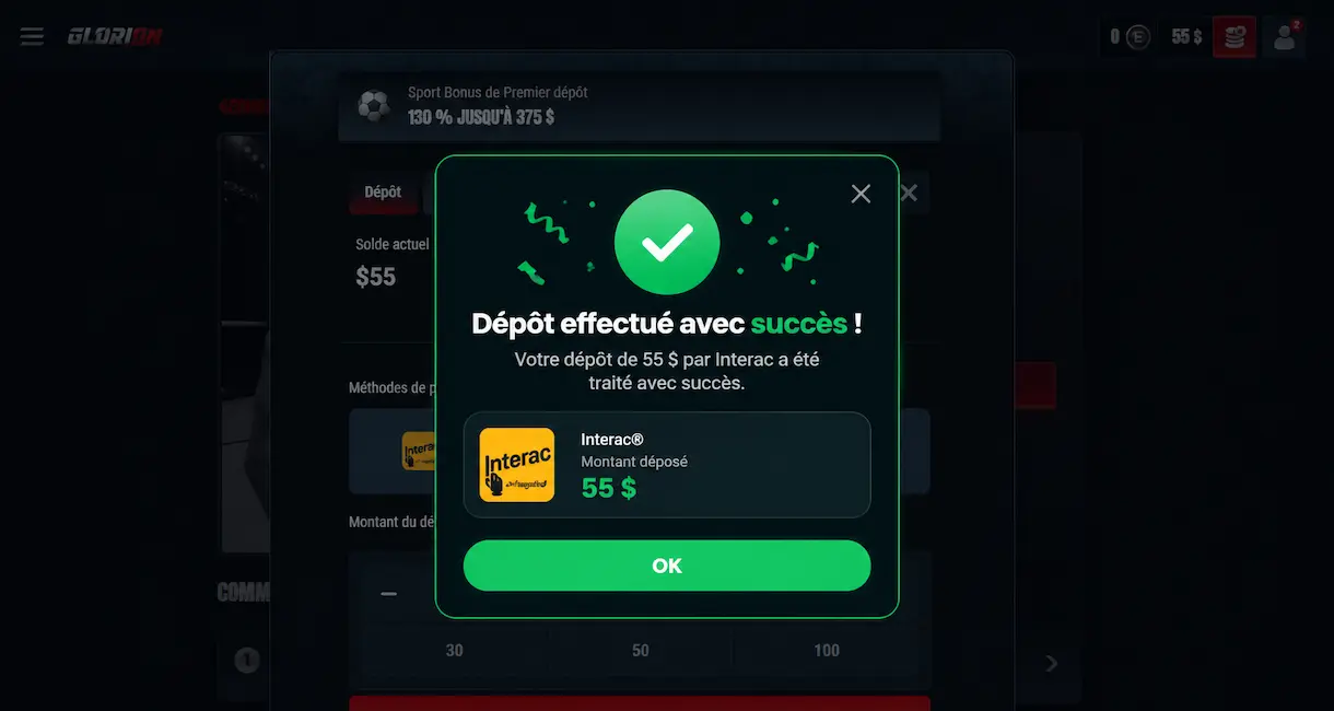 Notification de dépôt Interac de 55 $ effectué avec succès sur Glorion Sport