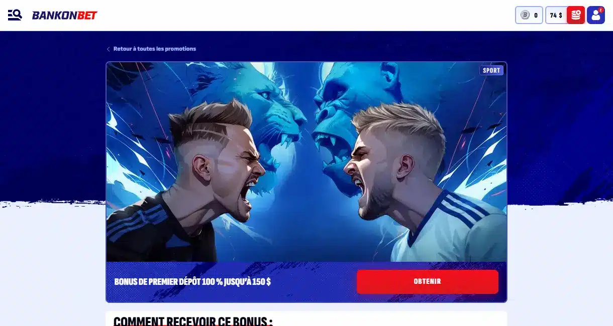 Promotion Bankonbet : bonus de premier dépôt sport de 100 % jusqu'à 150 $.
