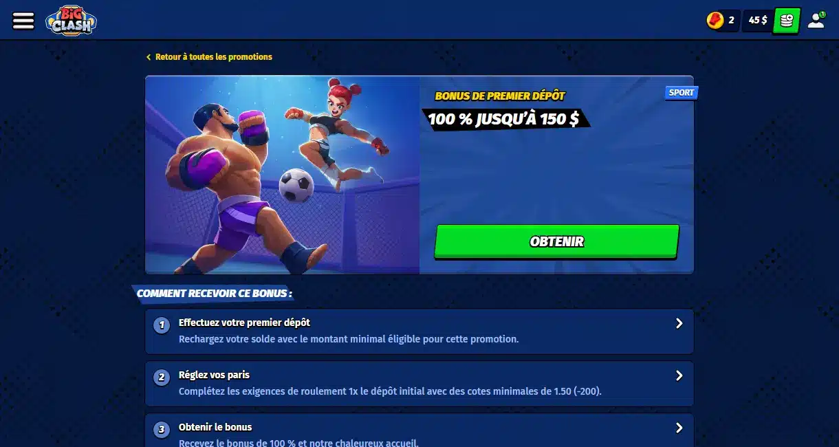 bonus de premier dépôt sport de 100 % jusqu'à 150 $ et ses conditions d'obtention.