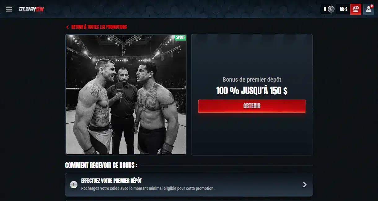 Bonus de premier dépôt Glorion offrant 100 % jusqu'à 150 $ pour les nouveaux joueurs sur les paris sportifs.