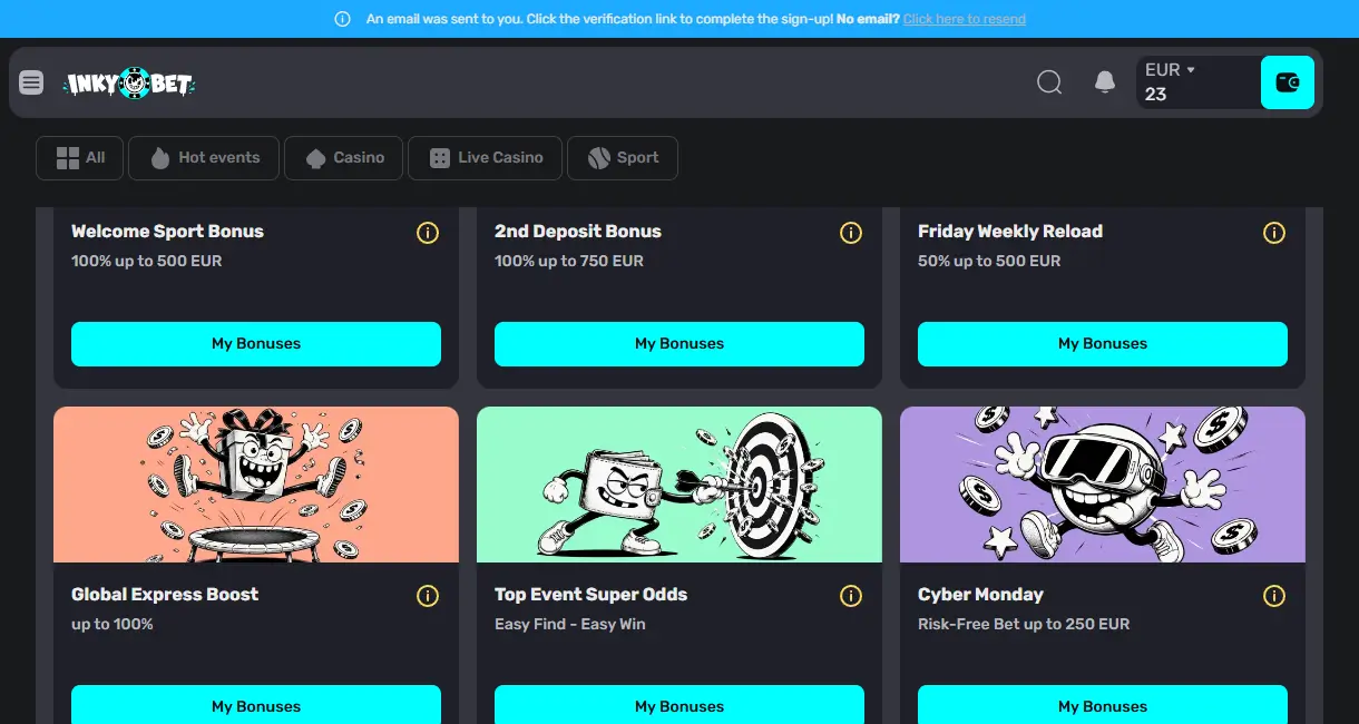 Inky.bet promotions page showing the welcome sport bonus, second deposit bonus, Friday reload and Cyber Monday offer