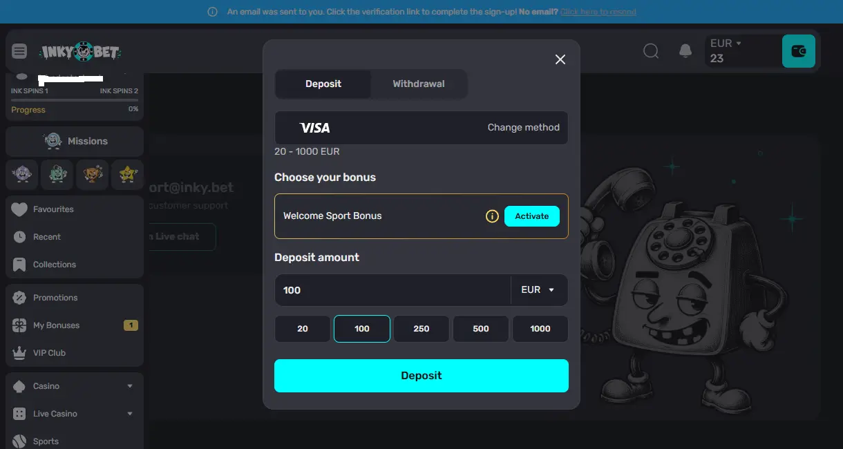 Inky.bet Sport cashier with a Visa deposit of €100, the 20 to 1000 EUR limit and the Welcome Sport Bonus Activate button