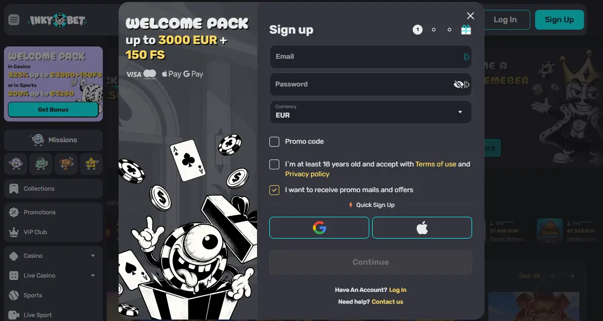 Inky.bet sign-up step one with email, password, EUR currency, 18+ box, pre-ticked promo mails box and Google or Apple login