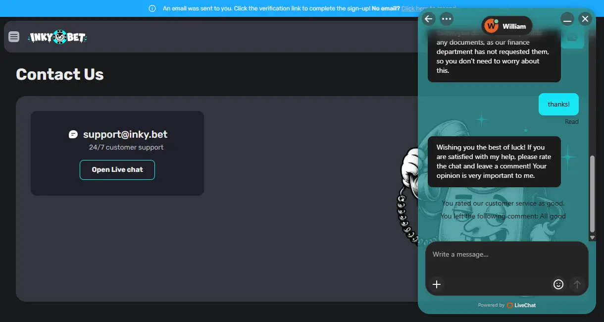 Contact Us page with the support@inky.bet email and a live chat window where agent William answers about documents