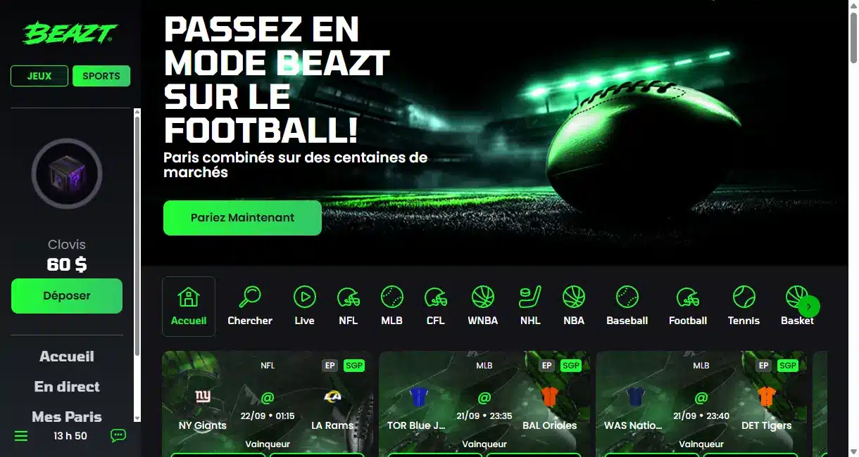 Page paris sportifs de Beazt avec sa bannière football, les catégories de sports et les prochains matchs.