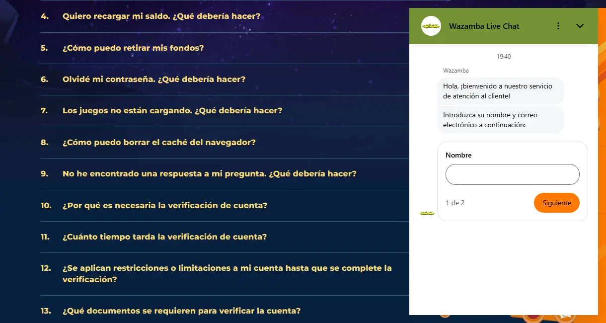 Preguntas frecuentes de Wazamba sobre retiros y verificación junto al chat en vivo, que pide nombre y correo al inicio