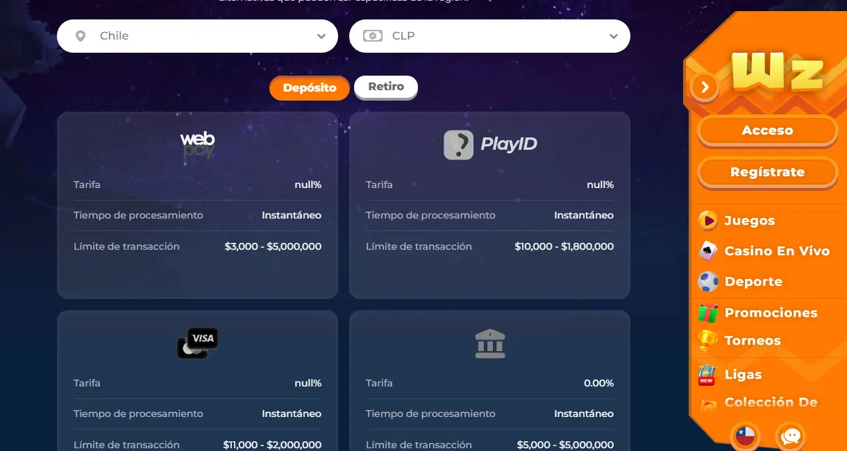 Página de pagos en Wazamba para Chile con límites de depósito de WebPay, PlayID, Visa y transferencia bancaria en CLP