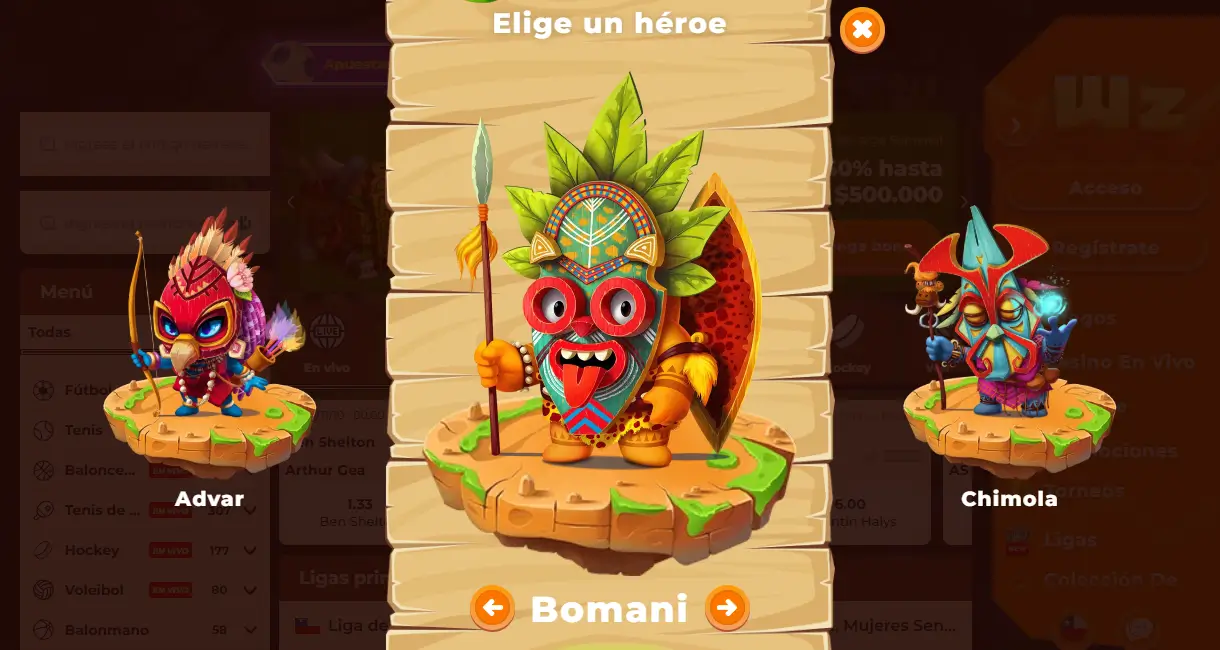 Elige un héroe de Wazamba con los personajes Advar, Bomani y Chimola, primer paso del registro desde Chile