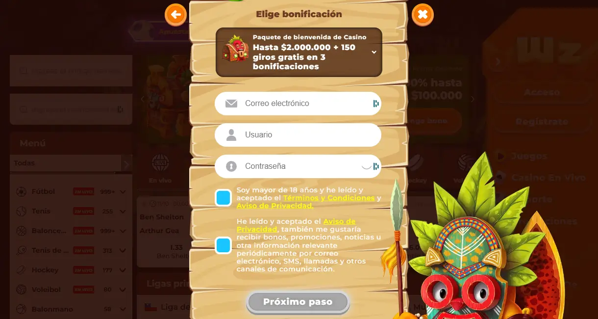 Formulario de registro de Wazamba con correo, usuario, contraseña y selector de bono, con el paquete de casino marcado