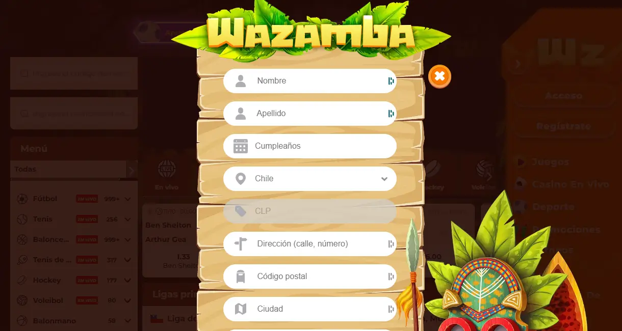 Formulario de datos personales de Wazamba con nombre, cumpleaños y dirección, con Chile y CLP ya seleccionados